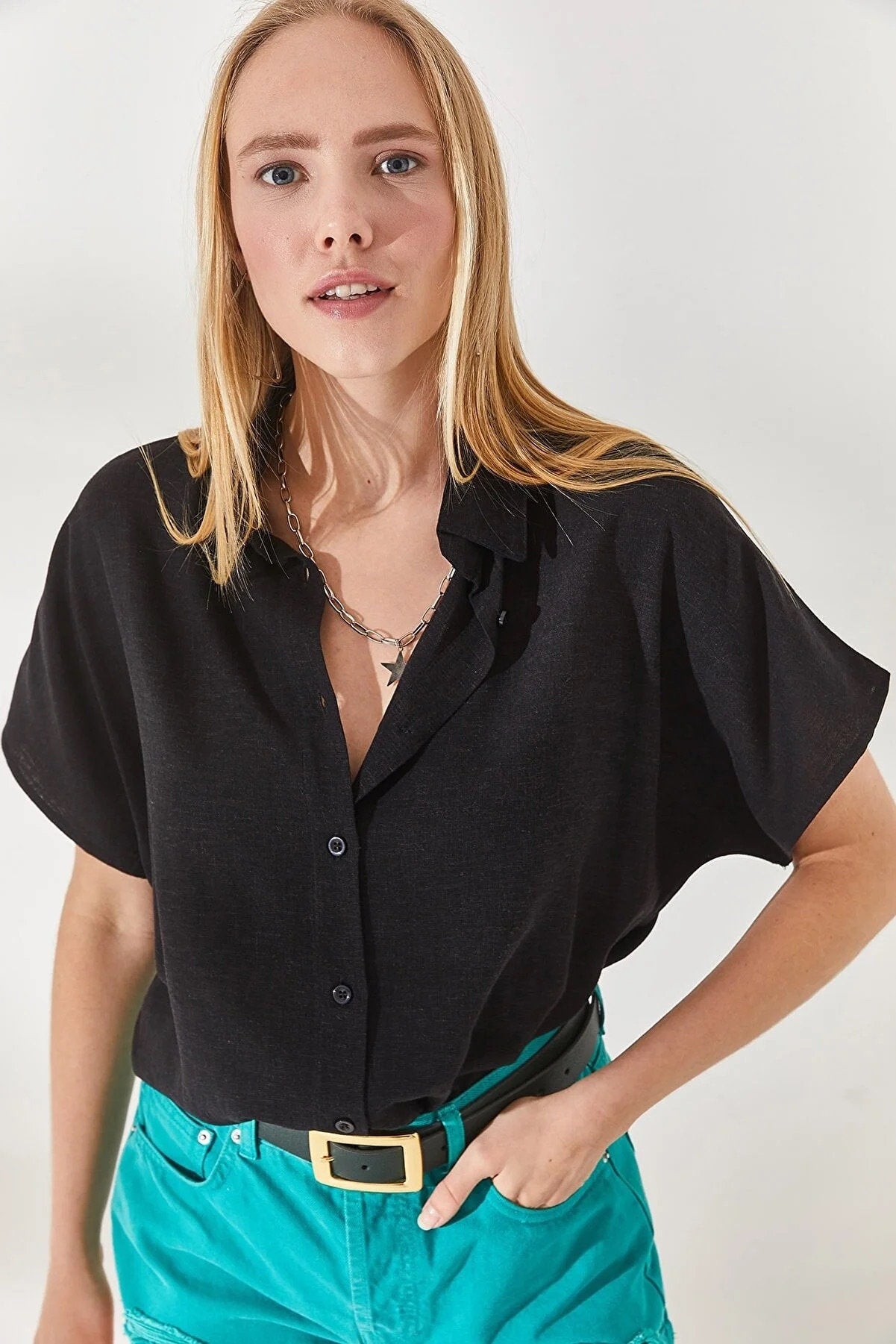 Black Cotton Short Sleeve Button Down Shirt