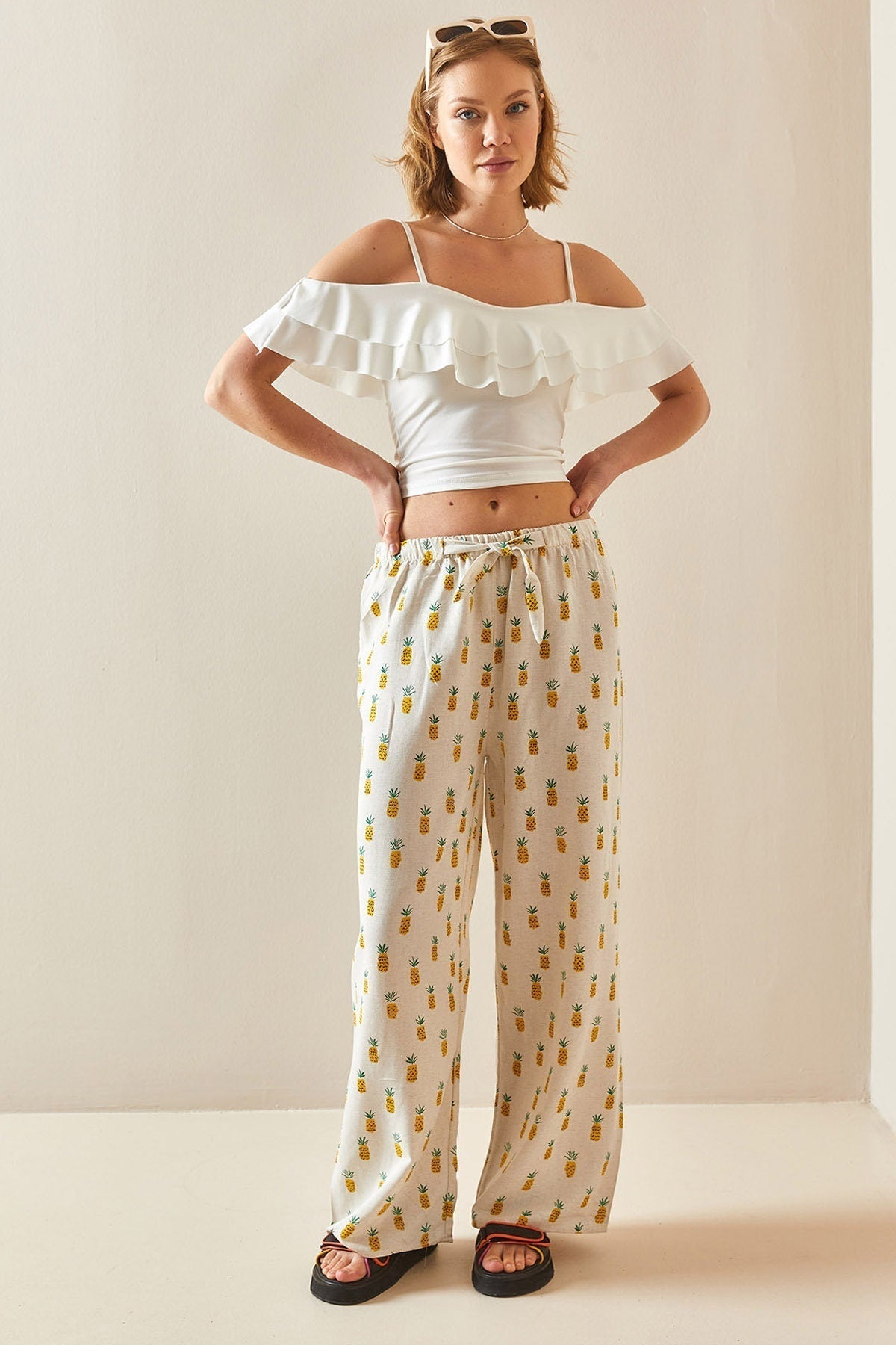 Clara Pineapple Design Wide Leg Linen Pants