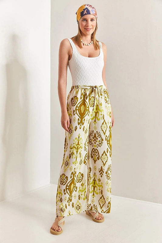 Clara Gold Ethnic Design Wide Leg Linen Pants