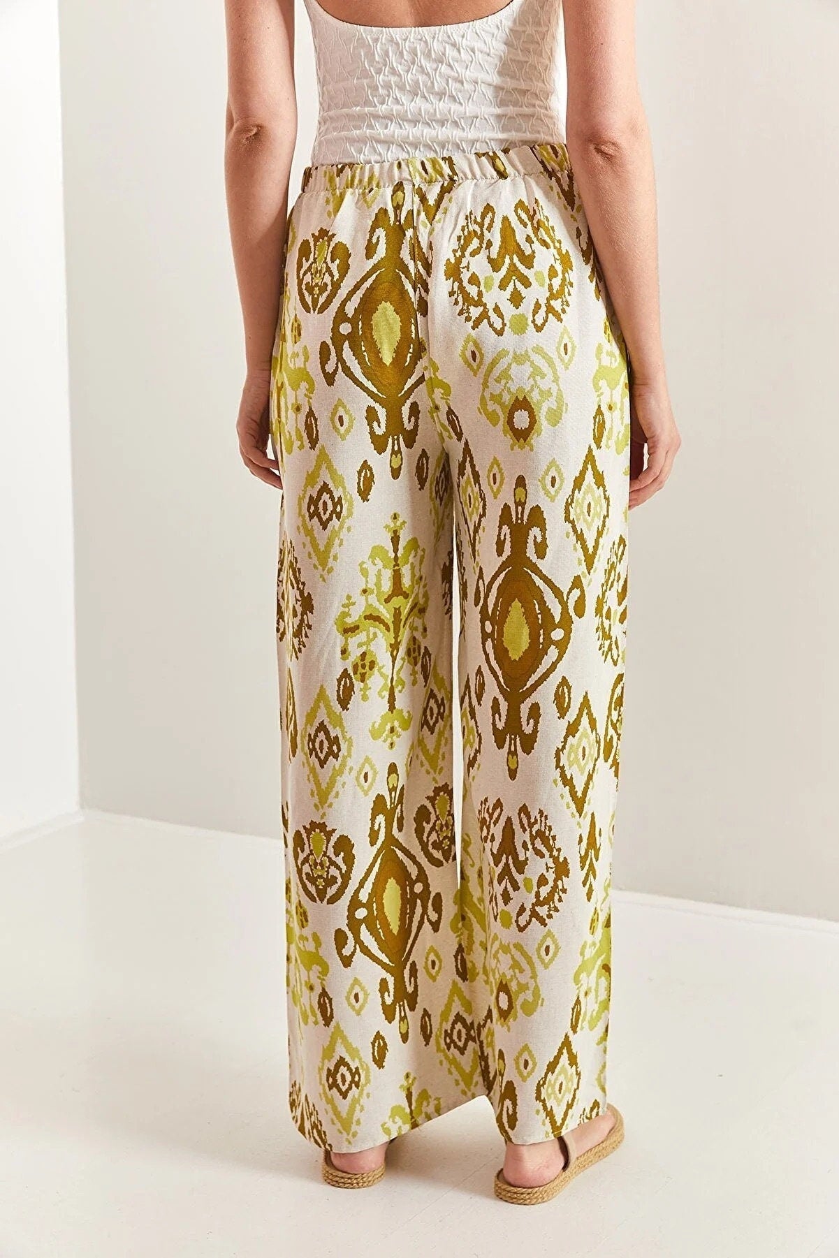Clara Gold Ethnic Design Wide Leg Linen Pants