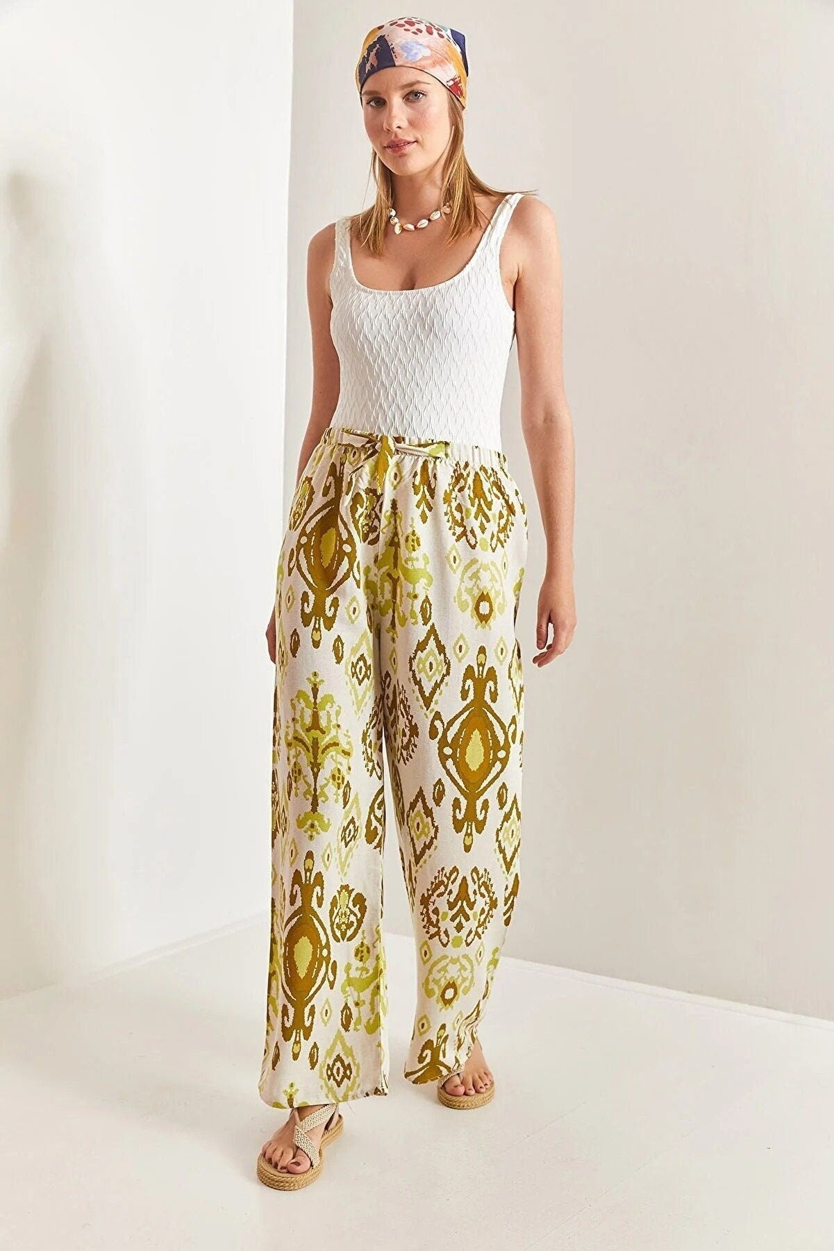 Clara Gold Ethnic Design Wide Leg Linen Pants