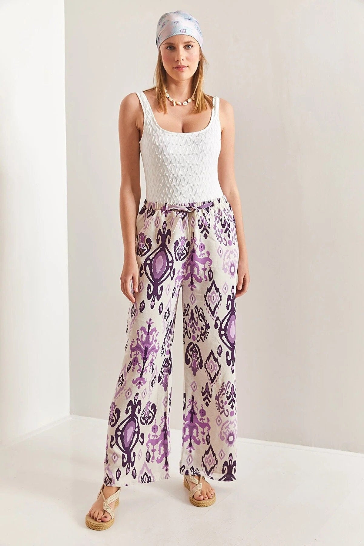 Clara Purple Ethnic Design Wide Leg Linen Pants