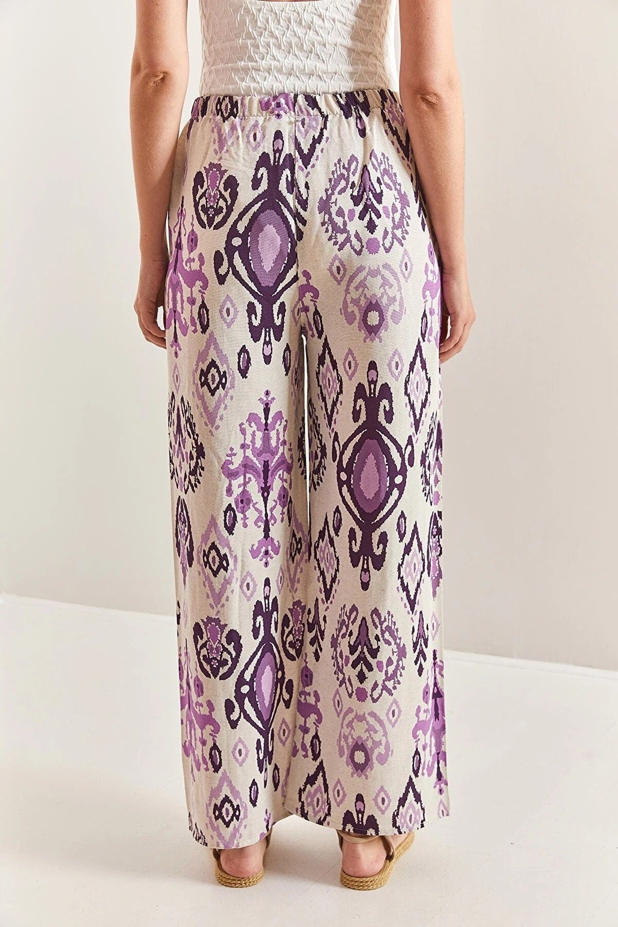 Clara Purple Ethnic Design Wide Leg Linen Pants