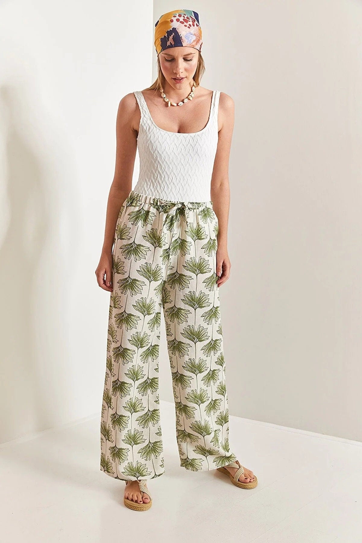 Clara Green Gingko Print Wide Leg Linen Pants
