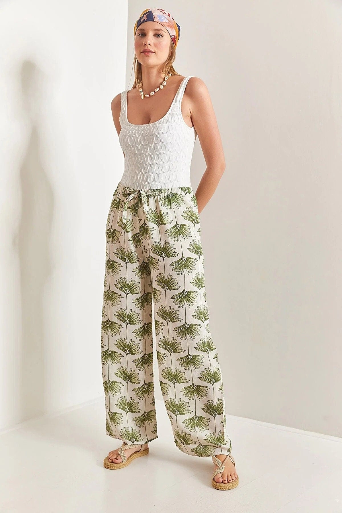 Clara Green Gingko Print Wide Leg Linen Pants