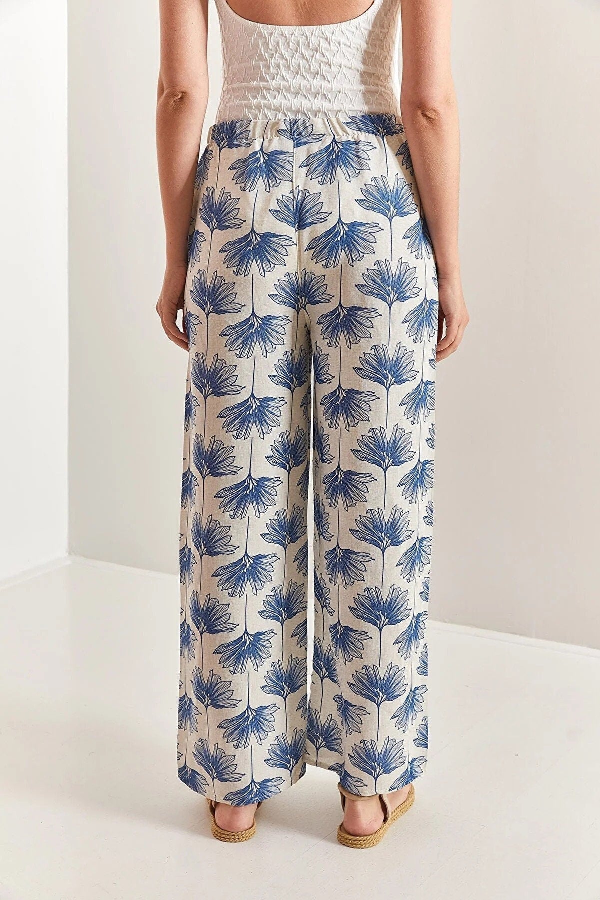 Clara Blue Gingko Print Wide Leg Linen Pants
