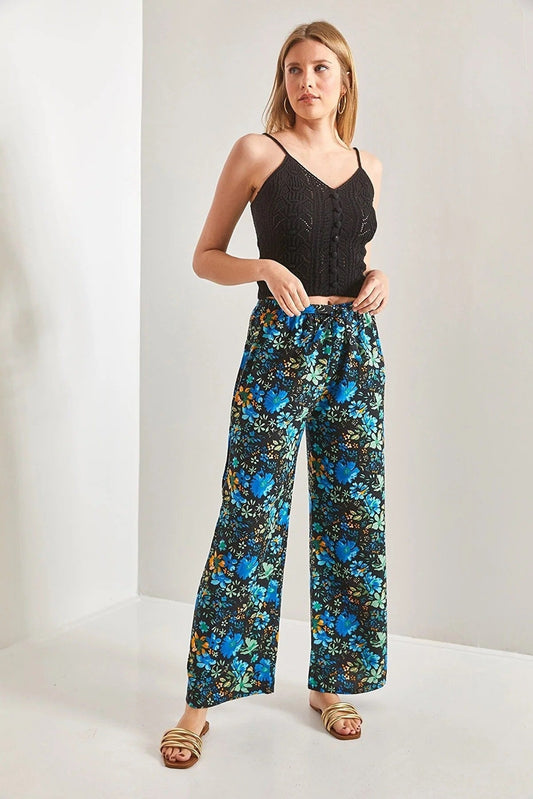 Clara Blue Floral Wide Leg Linen Pants