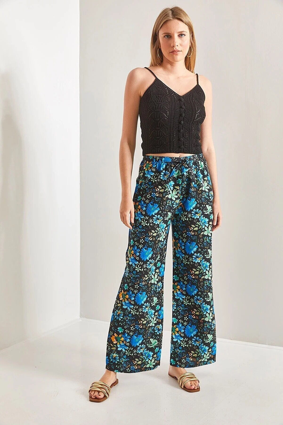 Clara Blue Floral Wide Leg Linen Pants