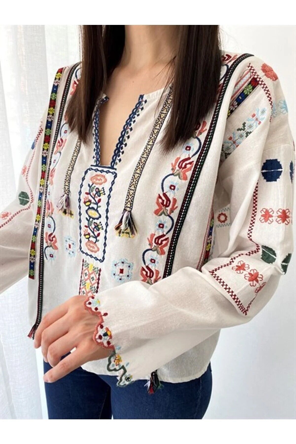 White Ethnic Boho Embroidered Blouse