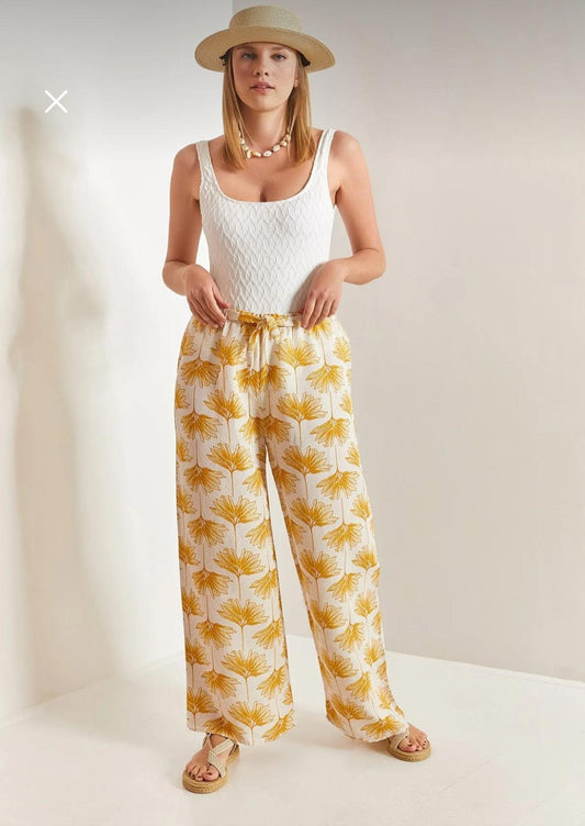 Clara Yellow Gingko Print Wide Leg Linen Pants