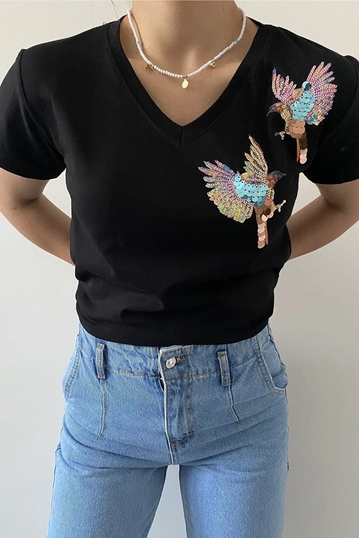 Tilda Bird Embroidered Cotton Short Sleeve T-Shirt - Black