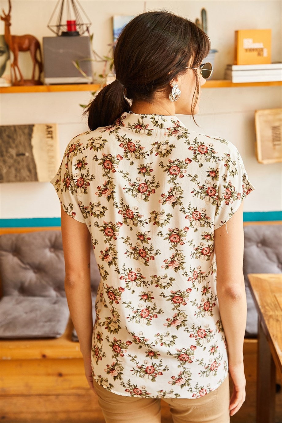 Beverly Soft Orange Floral Short Sleeve Button Down Blouse