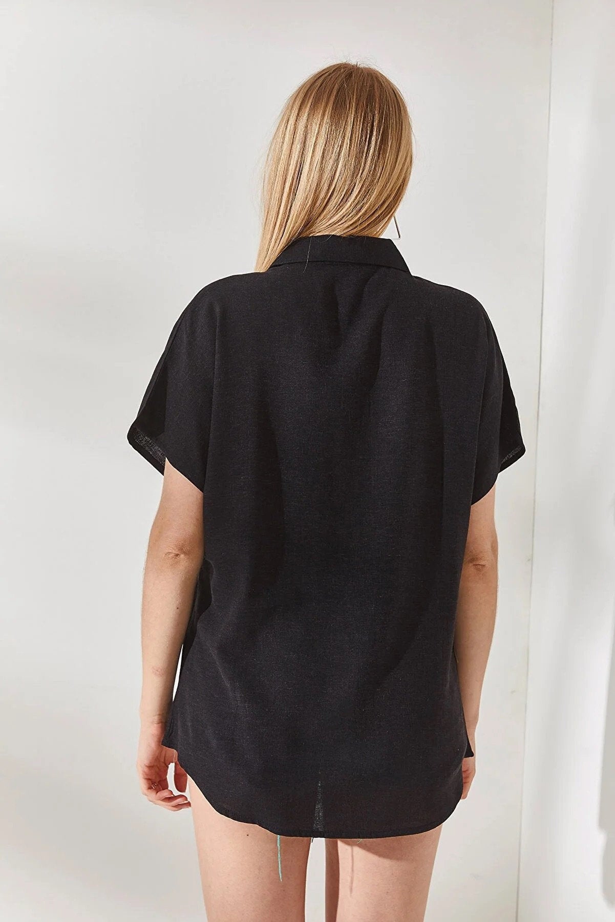 Black Cotton Short Sleeve Button Down Shirt
