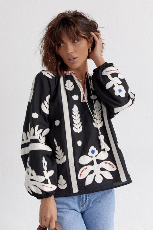 Black Ethnic Embroidered Cotton Vyshyvanka