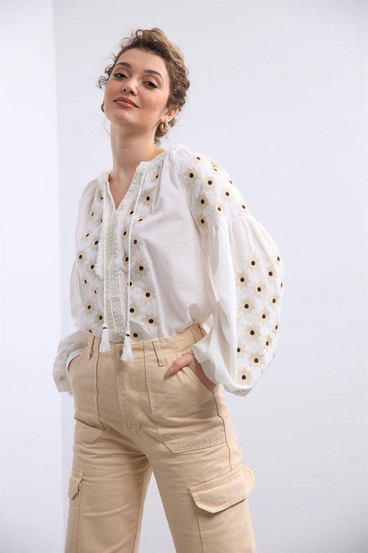 Katherine Ecru Floral Star Embroidered Ukrainian Blouse