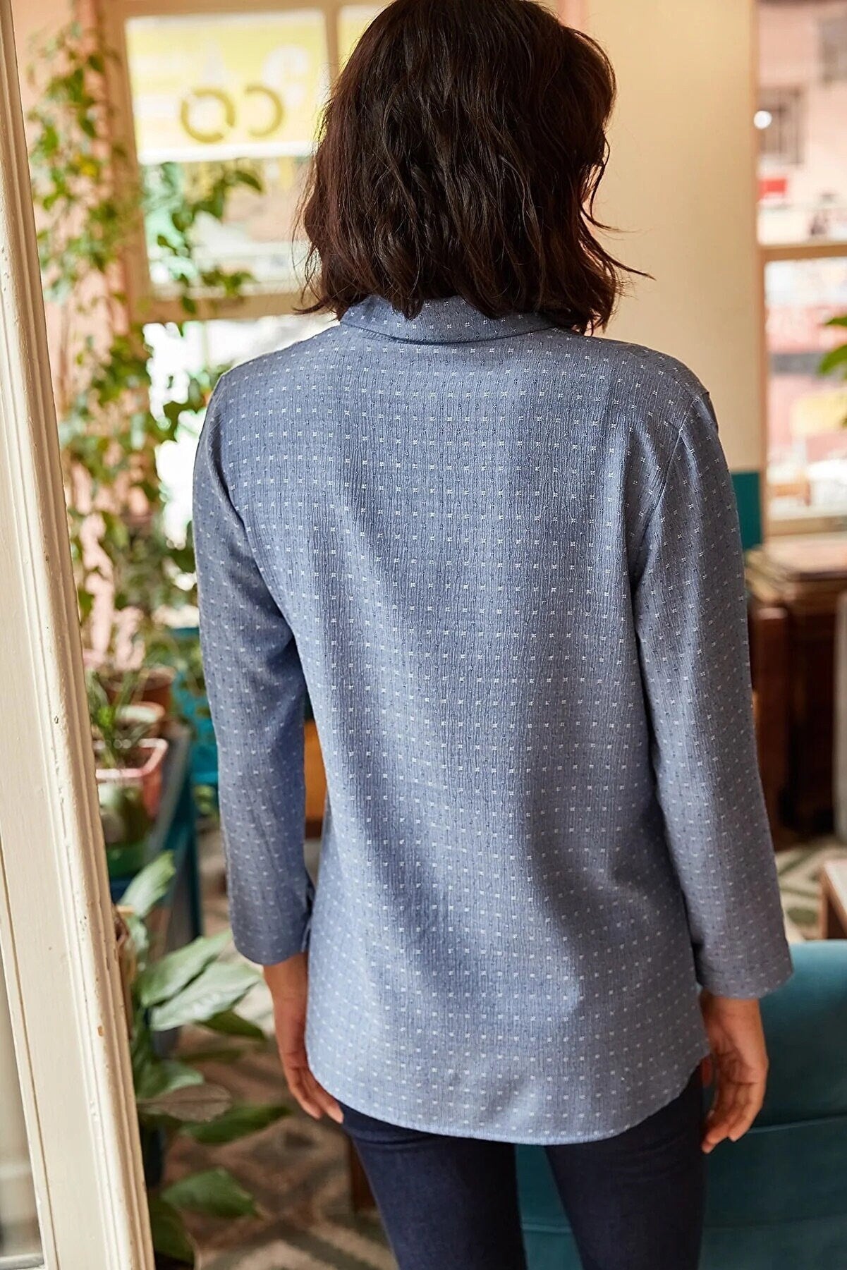 Eleanor Blue Designer Long Sleeved Button-Down Shirt
