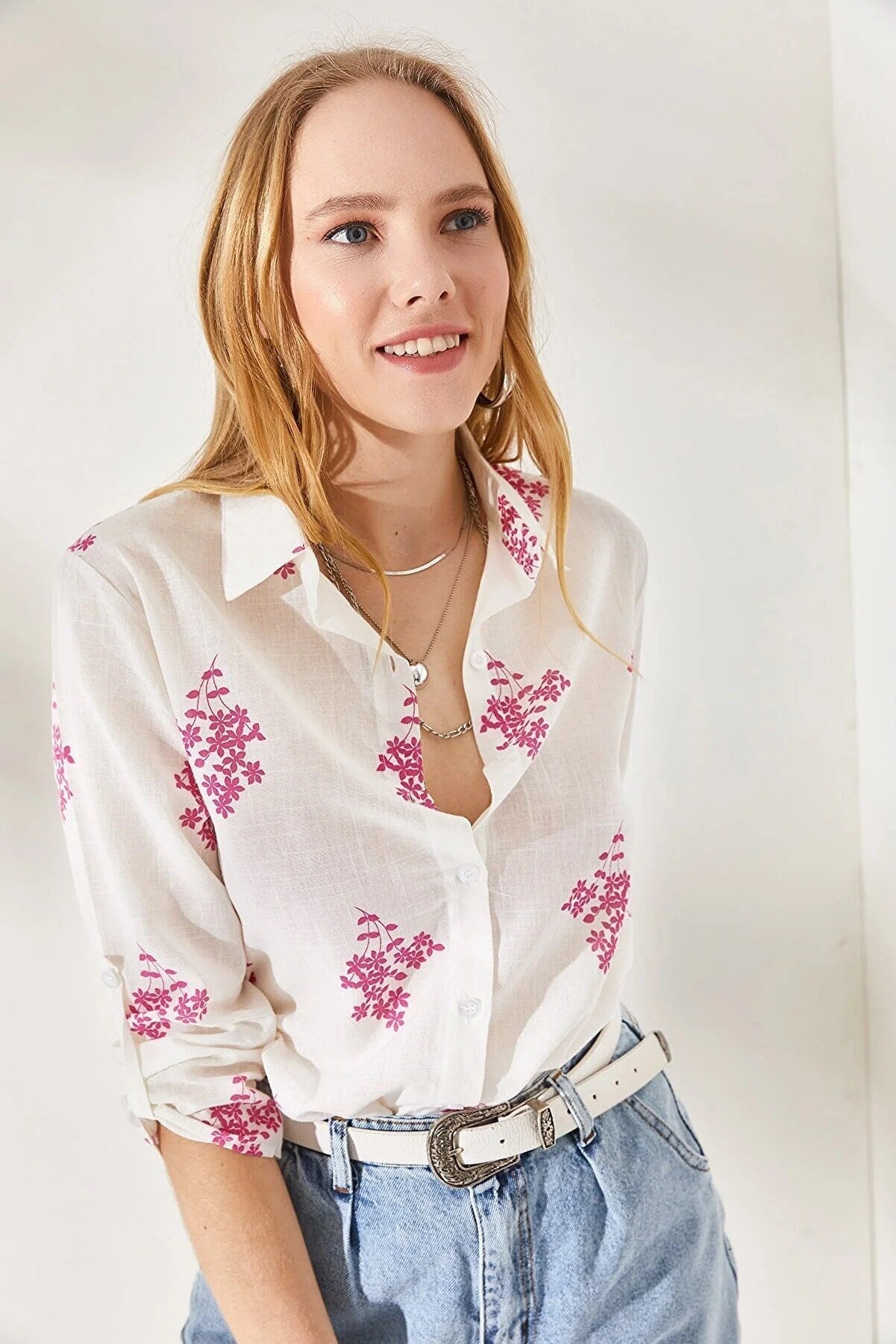 Verona Pink Leaf Print Linen White Blouse