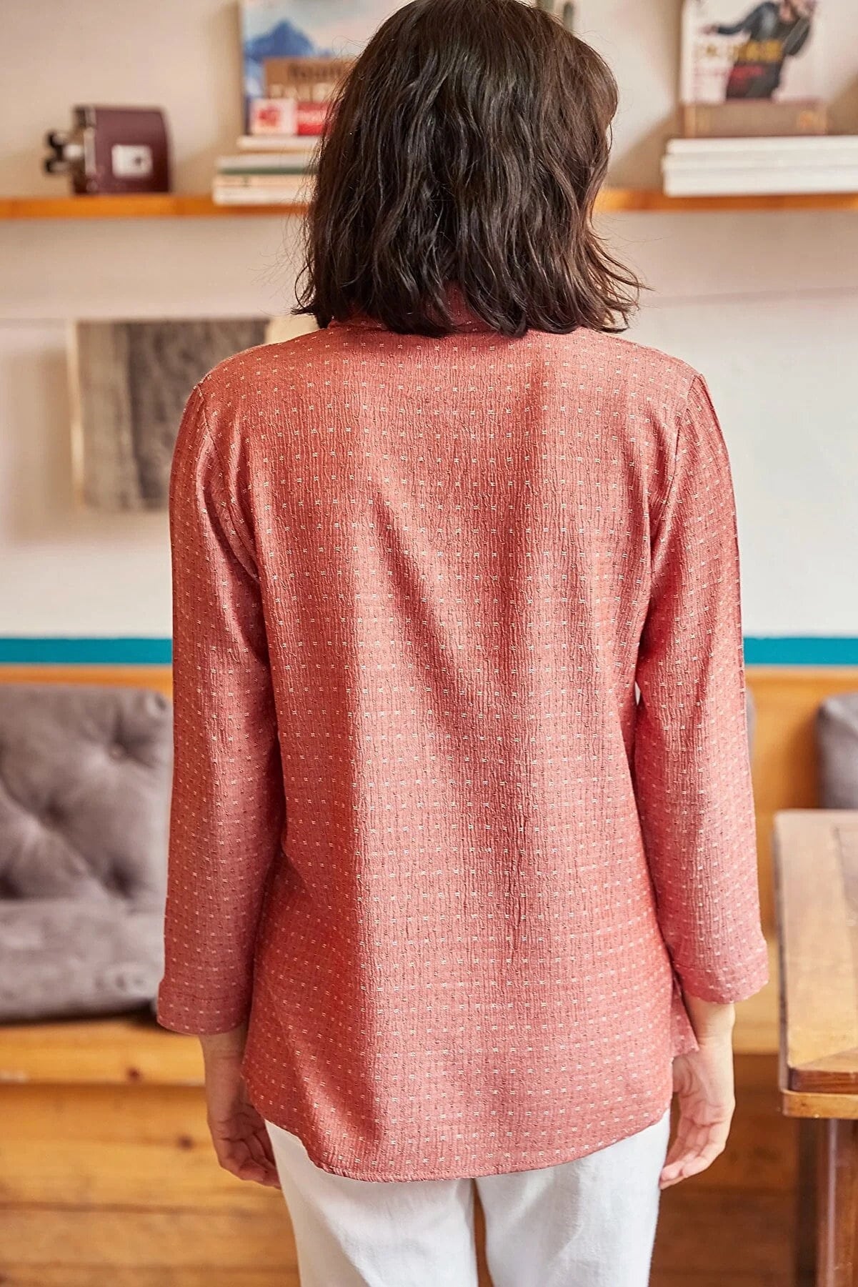 Eleanor Brick Color Designer Long Sleeved Button-Down Shirt