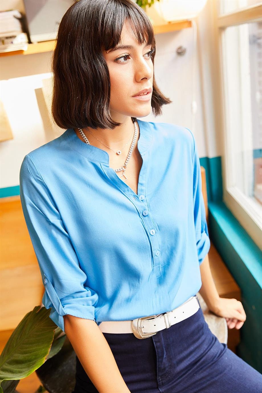 Margaret Turquoise Grandad Collar Blouse