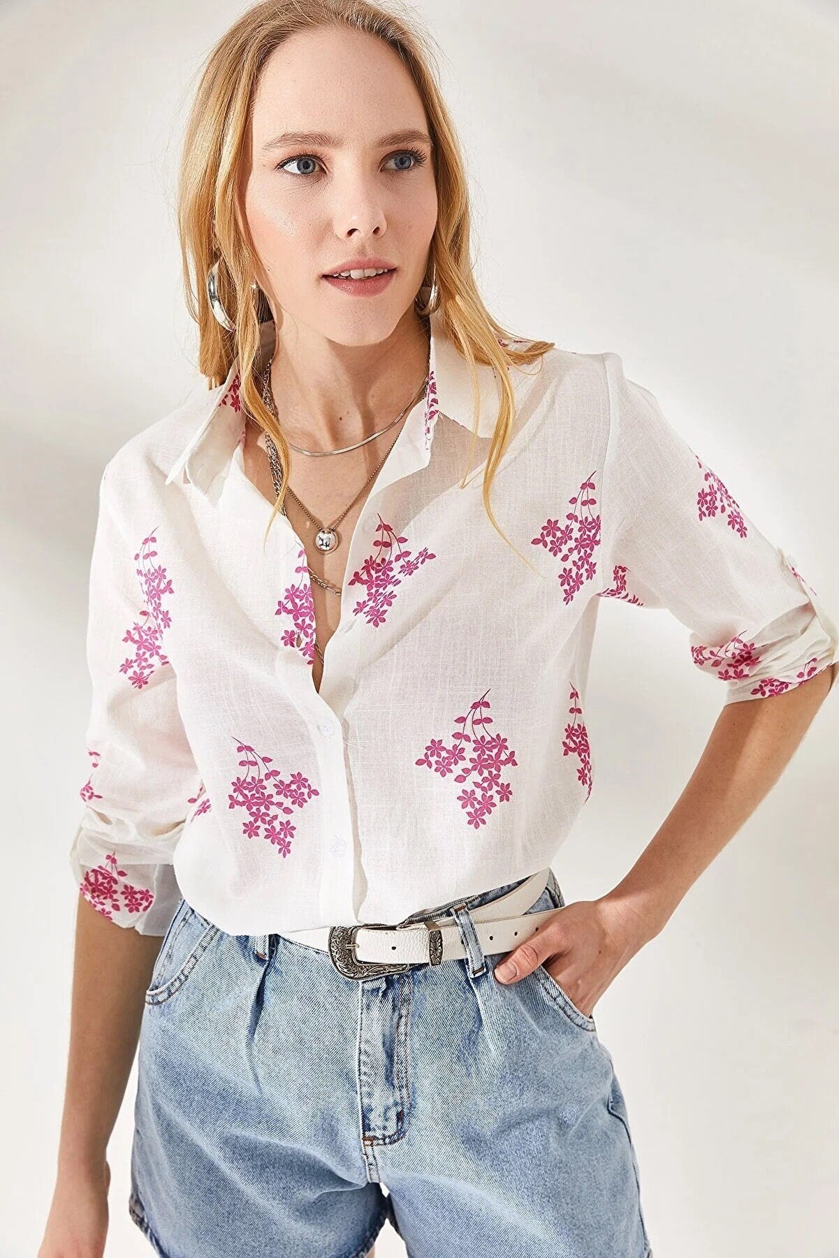 Verona Pink Leaf Print Linen White Blouse