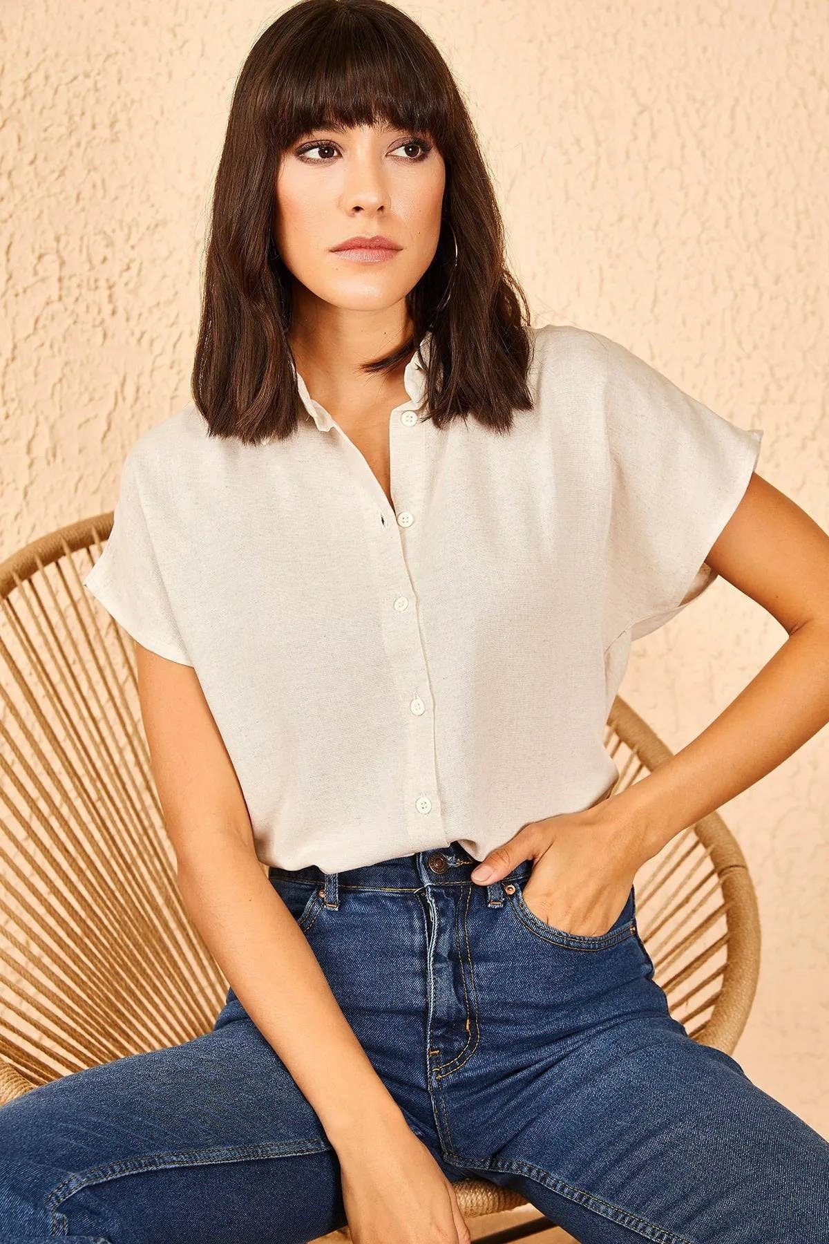 Camila  Beige Linen Short Sleeve Button-Down Shirt
