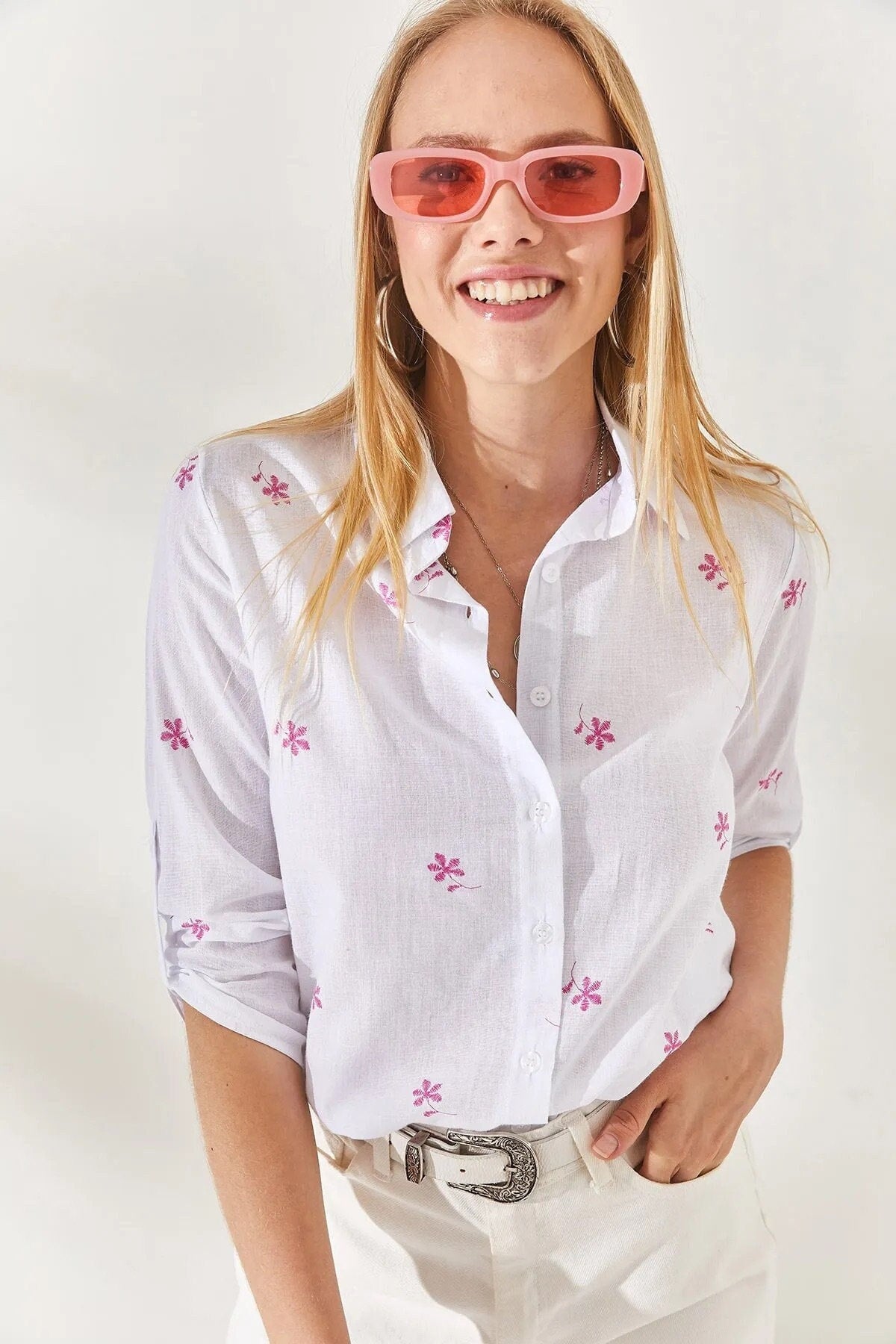 Verona Mini Pink Floral White Linen Button Down Shirt