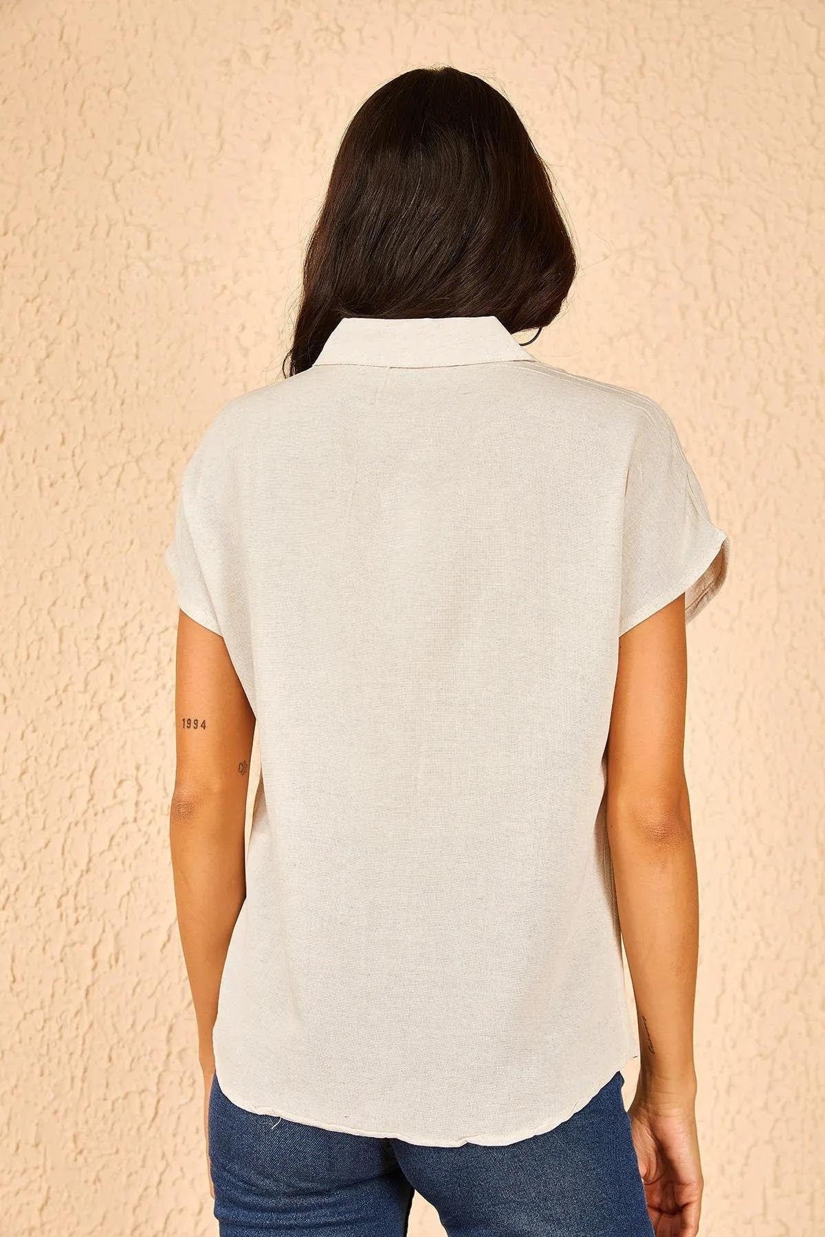 Camila  Beige Linen Short Sleeve Button-Down Shirt