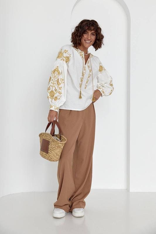 Ecru Gold Bird Floral Embroidered Cotton Blouse