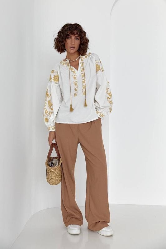 Ecru Gold Bird Floral Embroidered Cotton Blouse