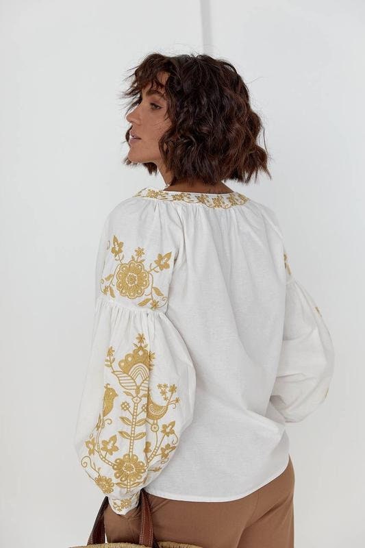 Ecru Gold Bird Floral Embroidered Cotton Blouse