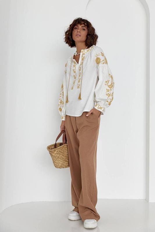 Ecru Gold Bird Floral Embroidered Cotton Blouse