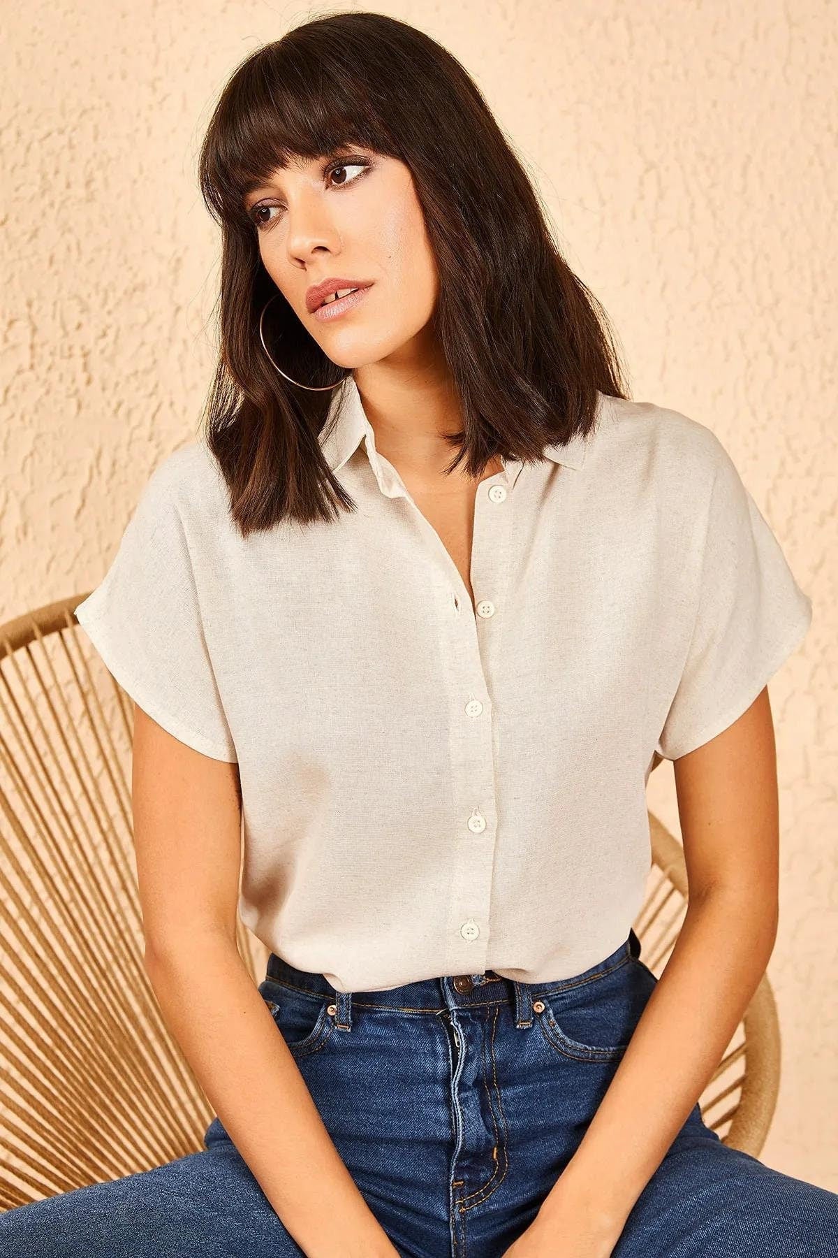 Camila  Beige Linen Short Sleeve Button-Down Shirt