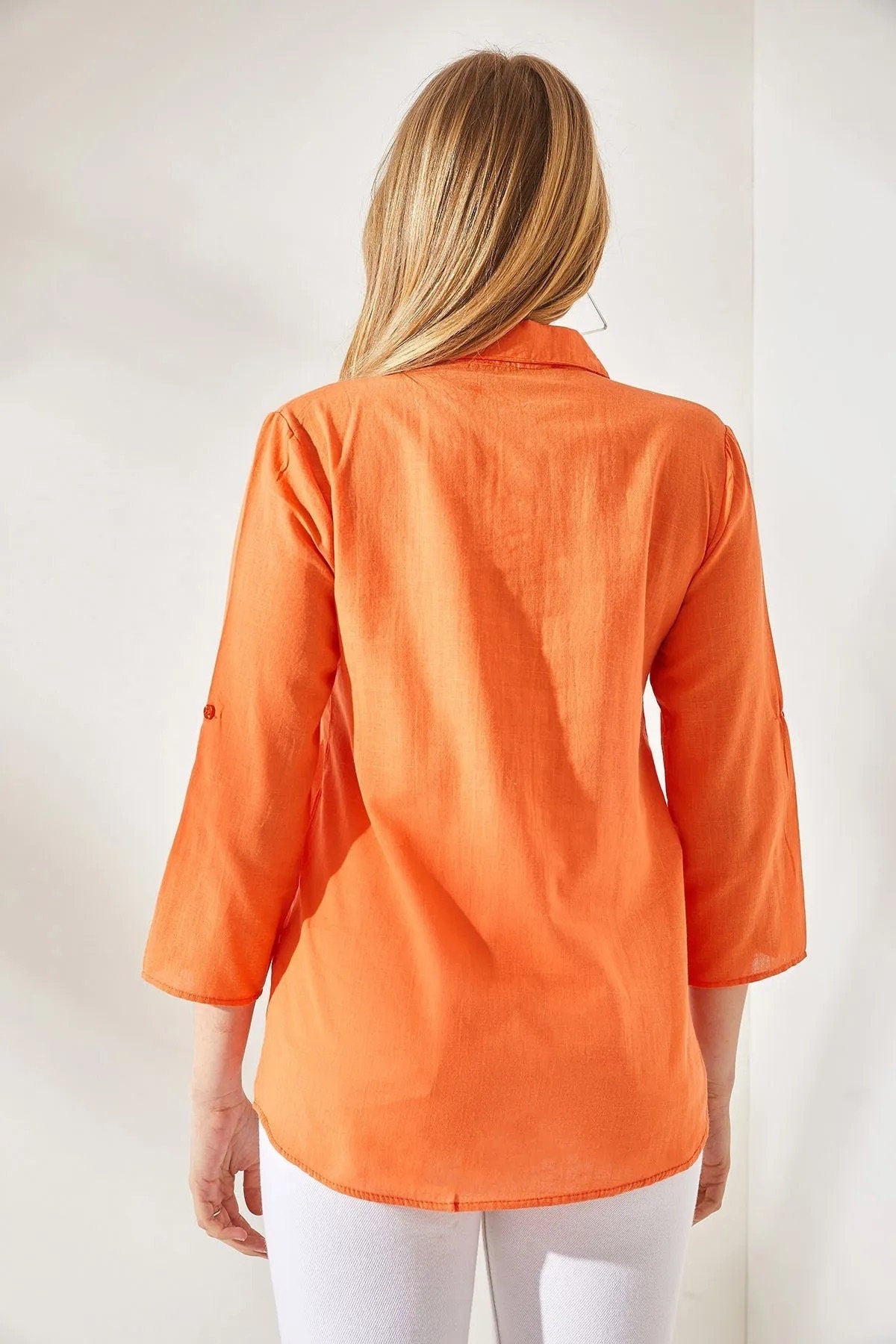 Verona Orange Linen Long Sleeve Button Down Shirt