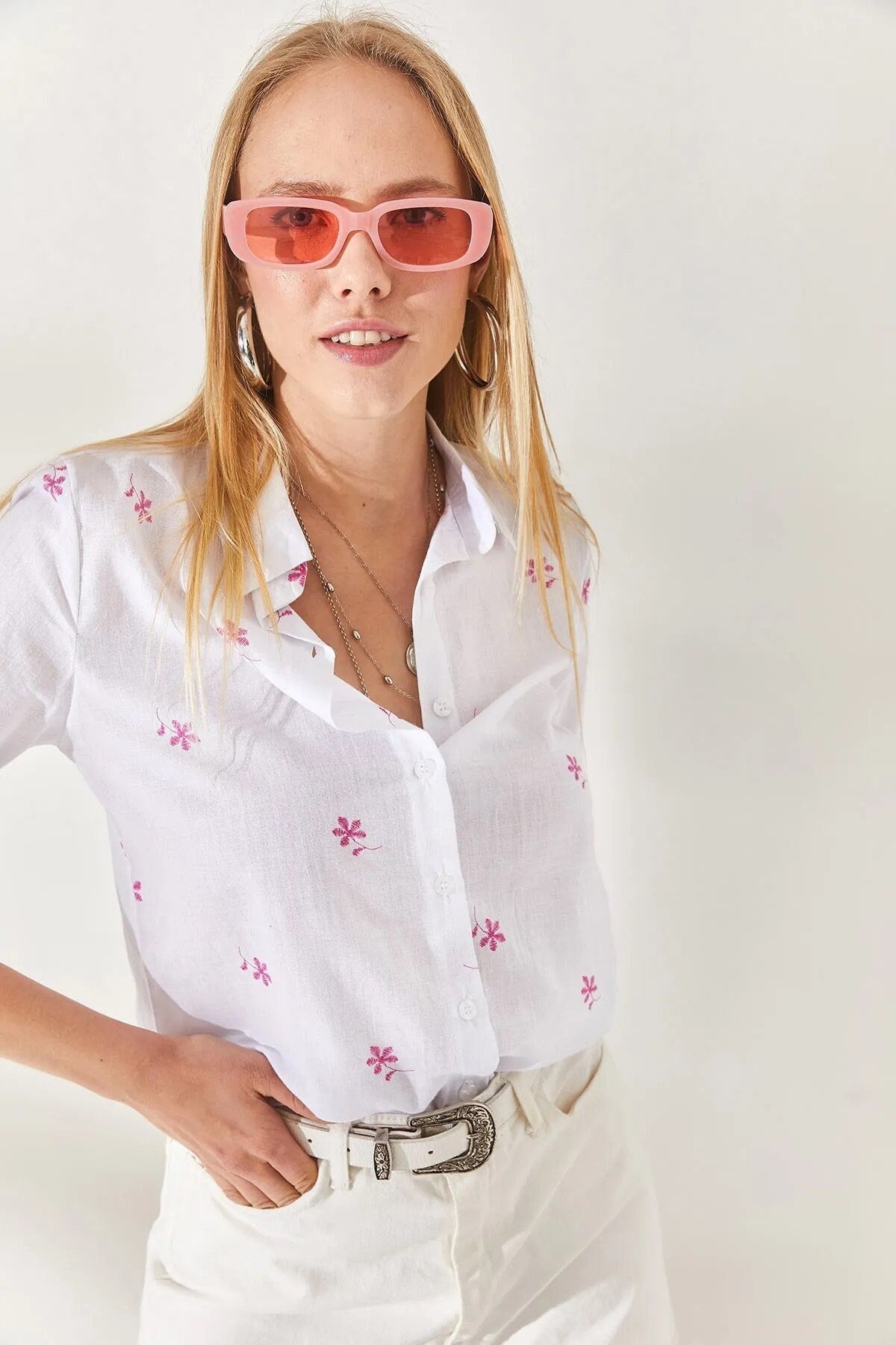 Verona Mini Pink Floral White Linen Button Down Shirt