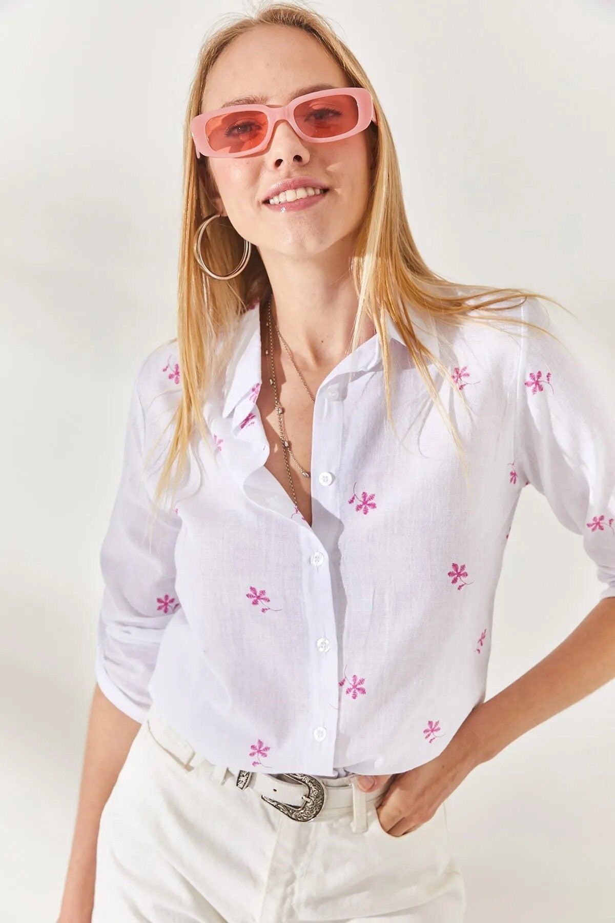 Verona Mini Pink Floral White Linen Button Down Shirt