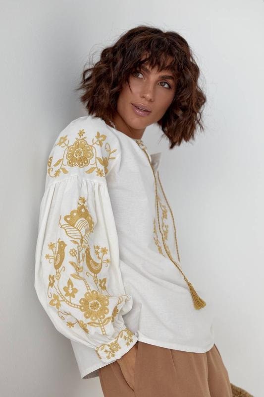 Ecru Gold Bird Floral Embroidered Cotton Blouse