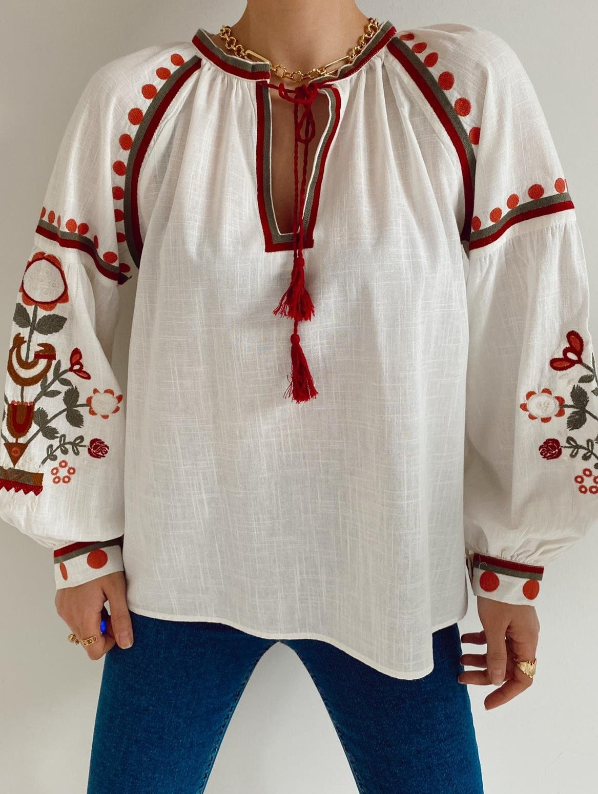 Red Floral Embroidered Ukrainian Cotton Vyshyvanka