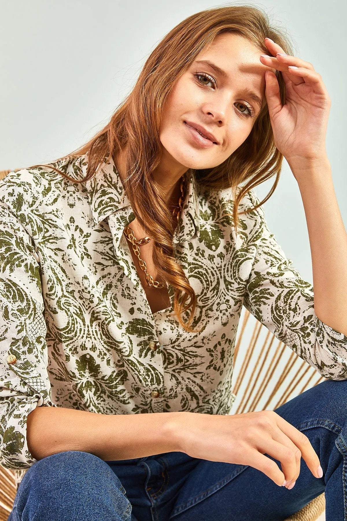 Sophia Green Floral Designer Button-Up Blouse