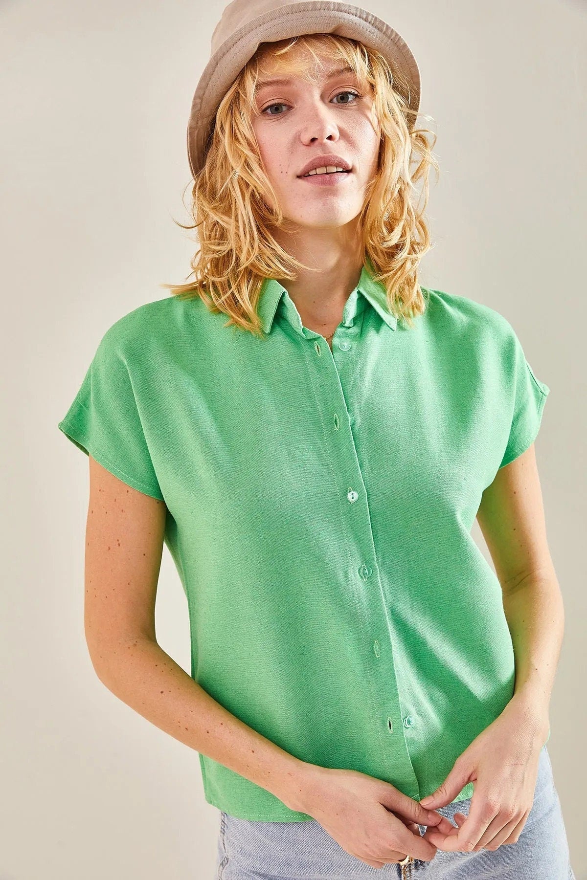 Camila  Pistachio Green Linen Short Sleeve Button-Down Shirt