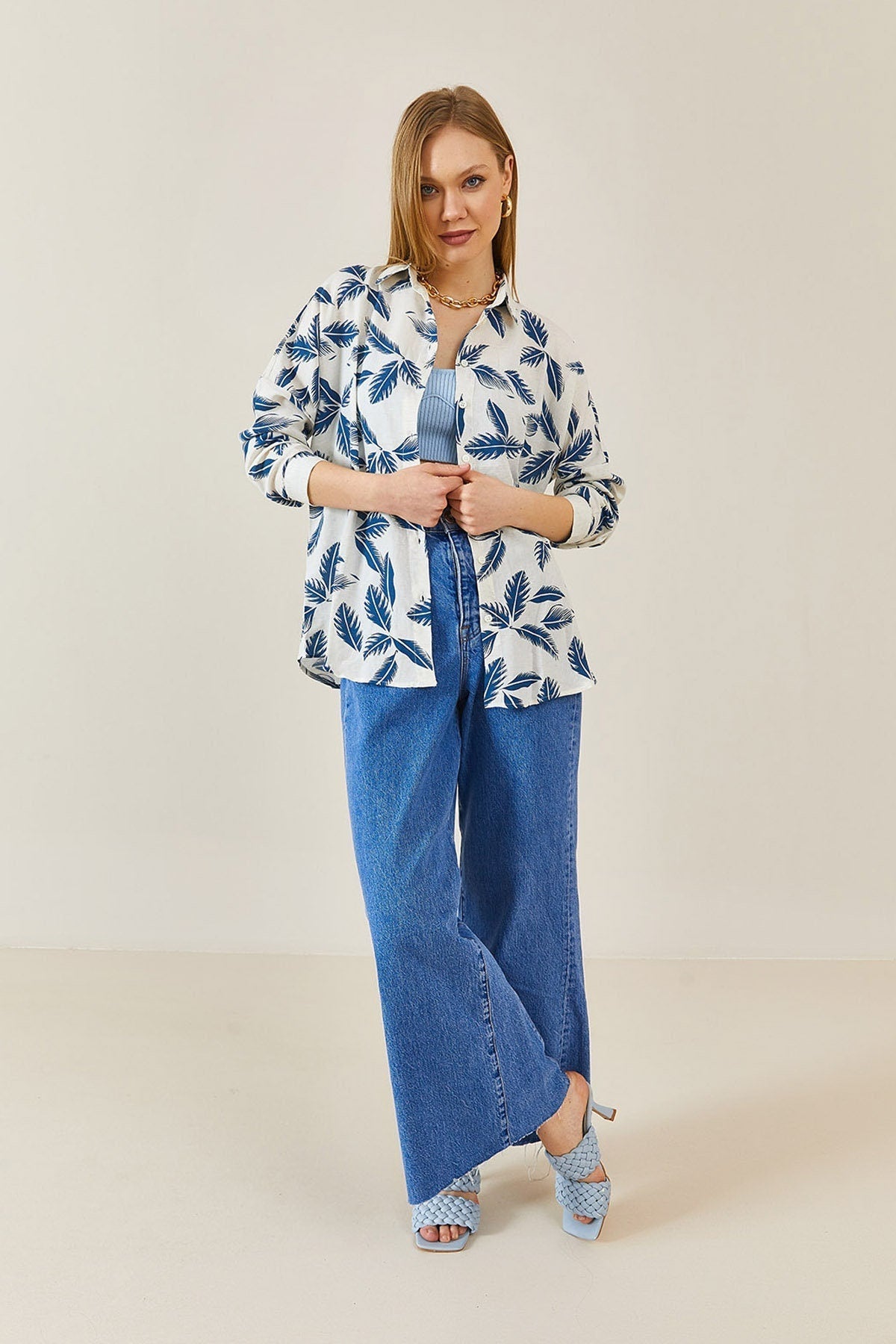 Sophia Blue Leaves Design Button Down Shirt