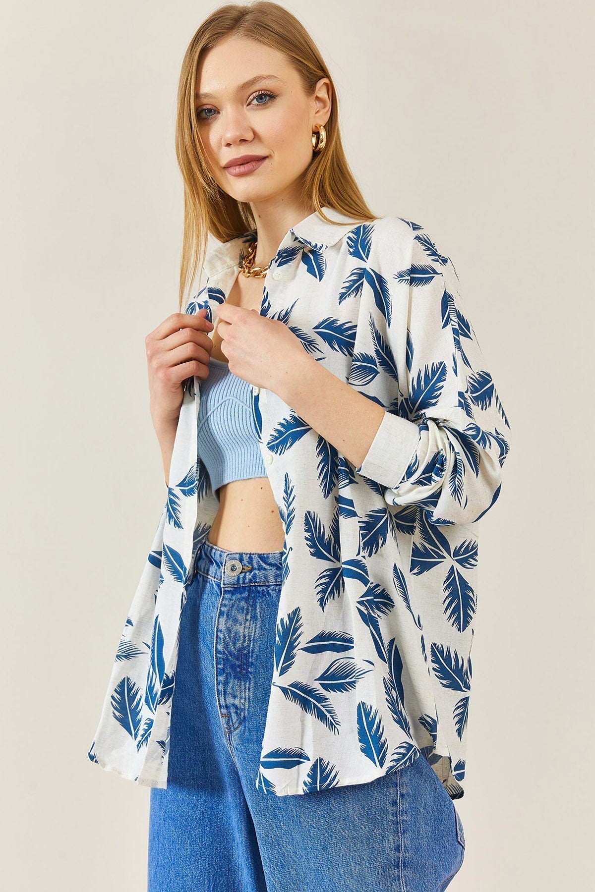Sophia Blue Leaves Design Button Down Shirt