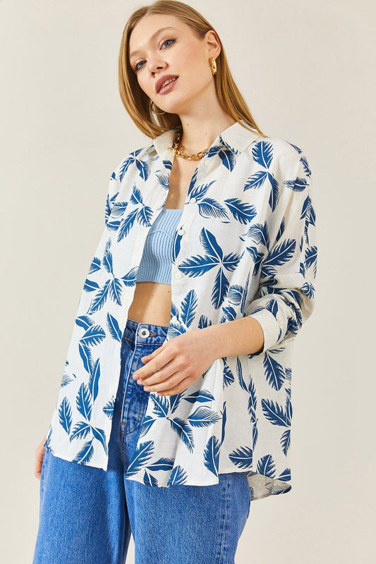 Sophia Blue Leaves Design Button Down Shirt