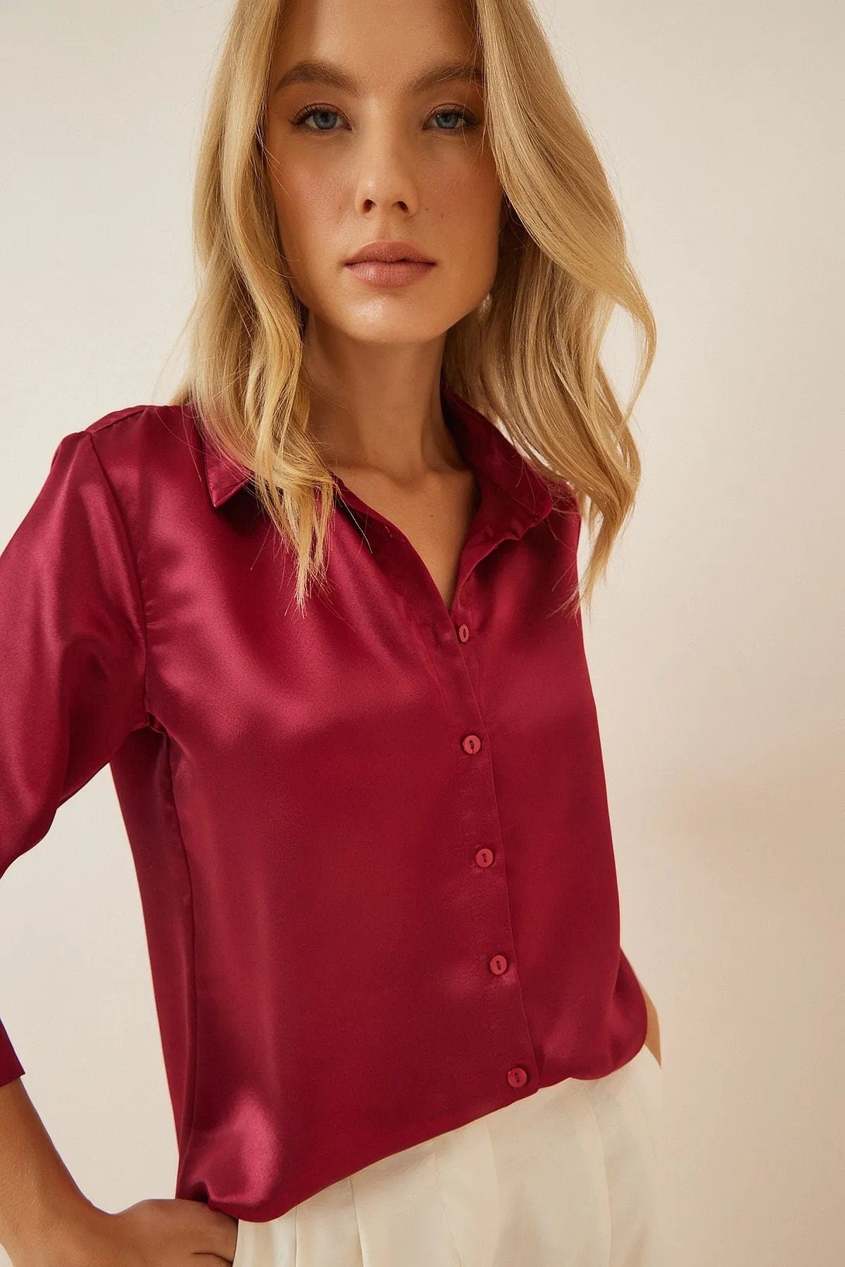 Belinda Burgundy Satin Button-Down Shirt