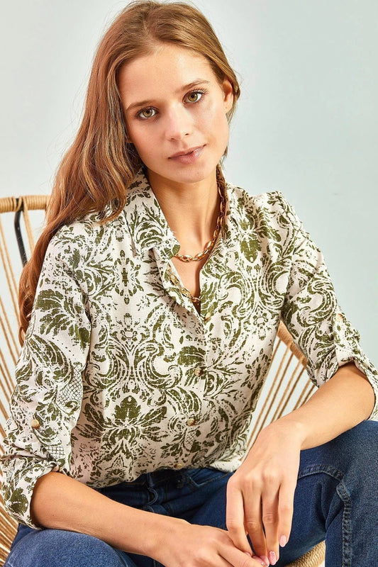 Sophia Green Floral Designer Button-Up Blouse