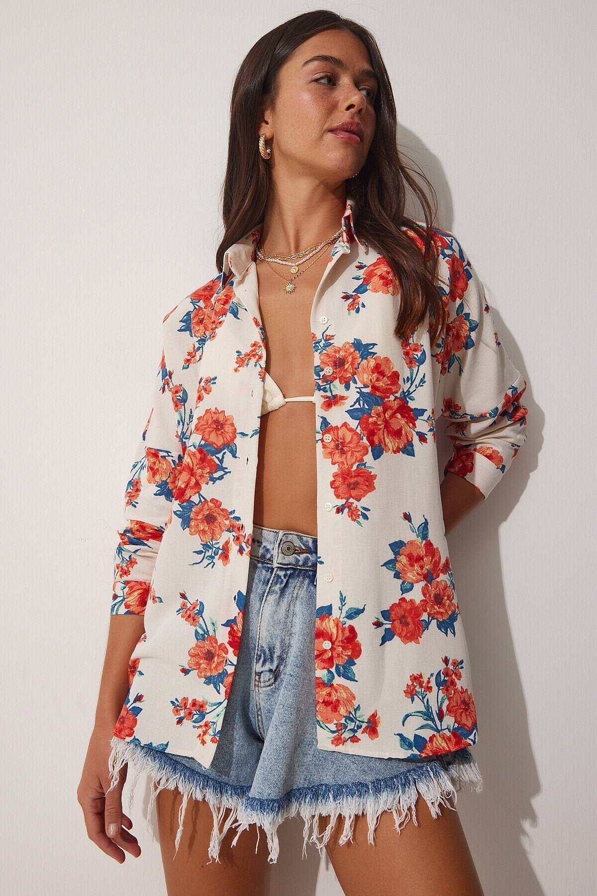 Lola Orange Floral Pattern Linen Button Down Shirt