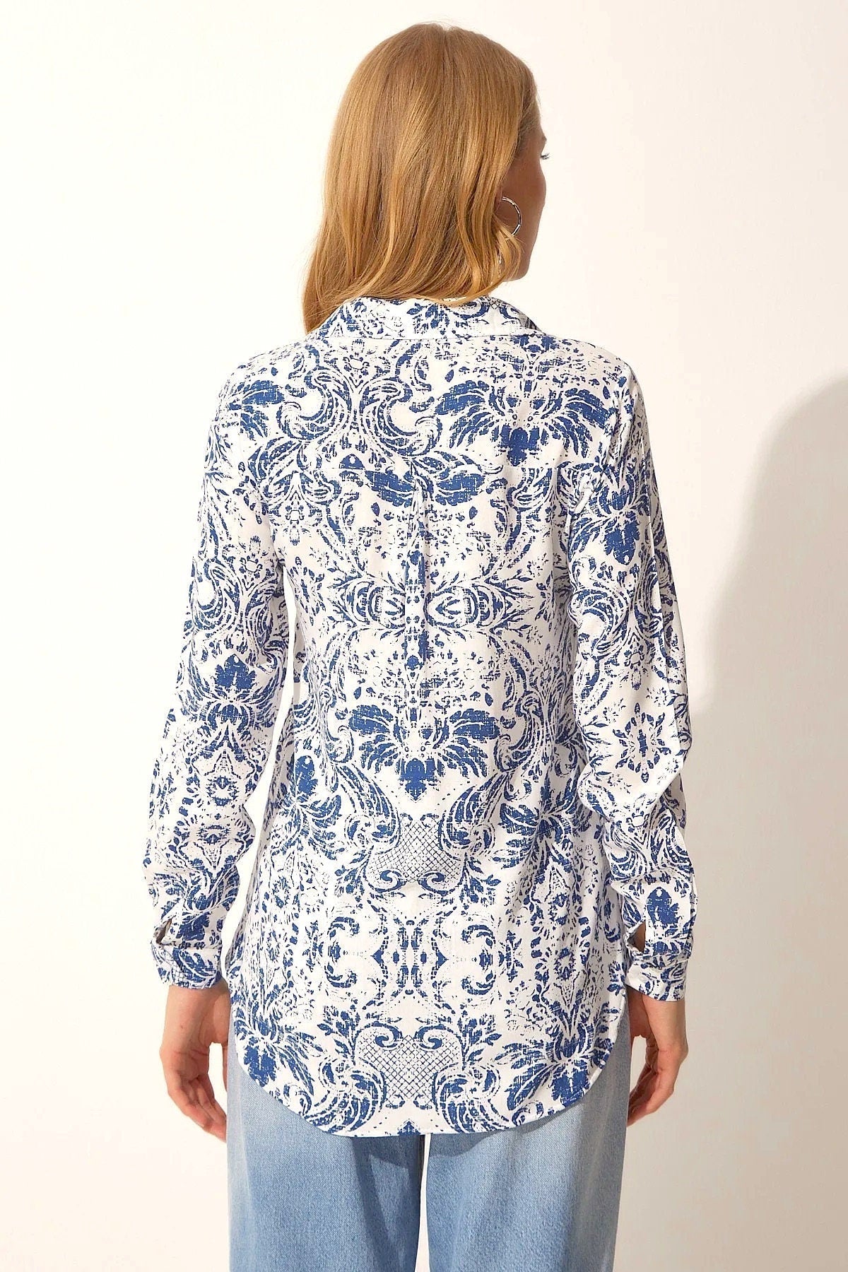 Sophia Blue Floral Designer Button Down Shirt