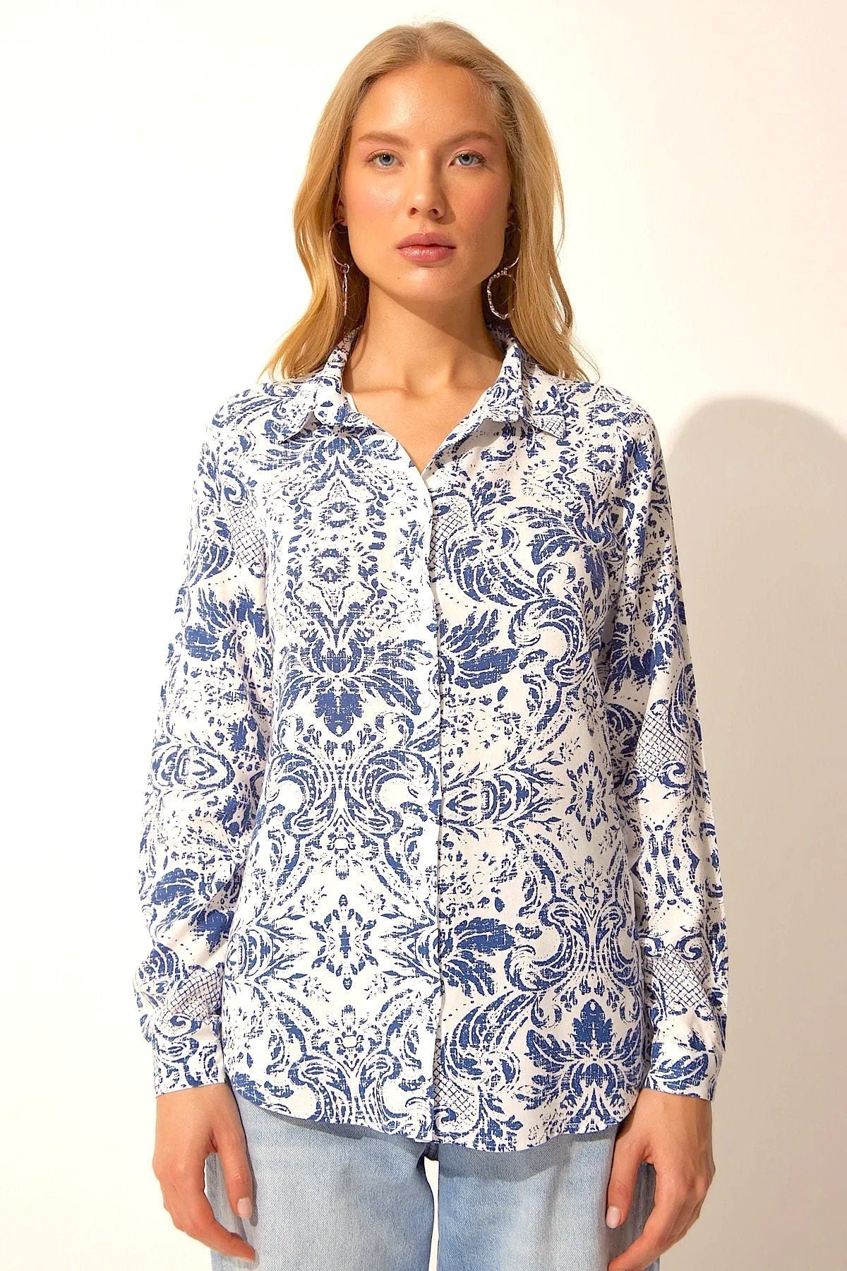 Sophia Blue Floral Designer Button Down Shirt