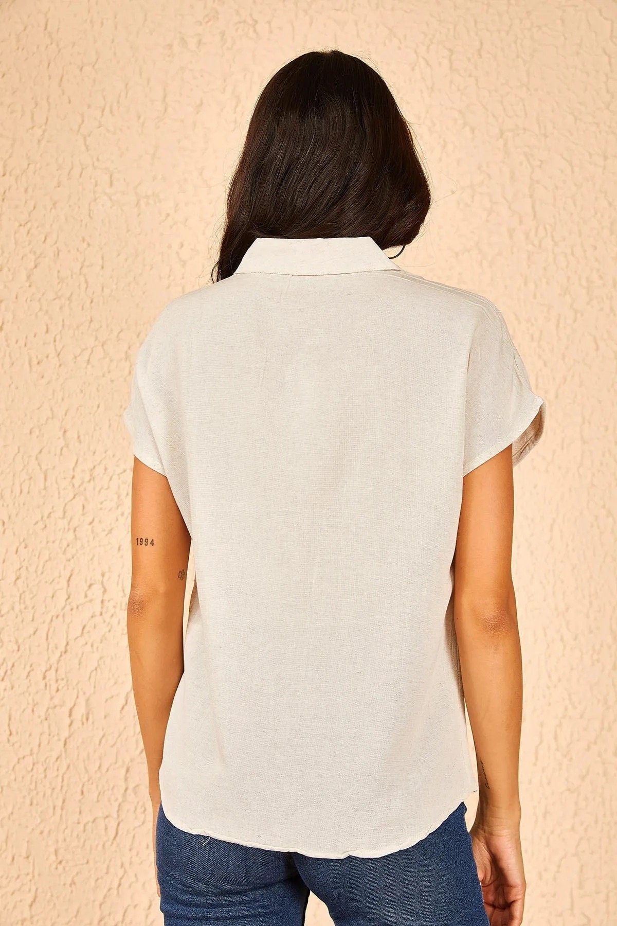 Camila  Beige Linen Short Sleeve Button-Down Shirt