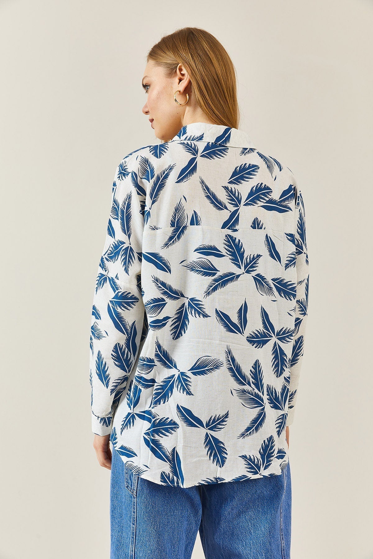 Sophia Blue Leaves Design Button Down Shirt