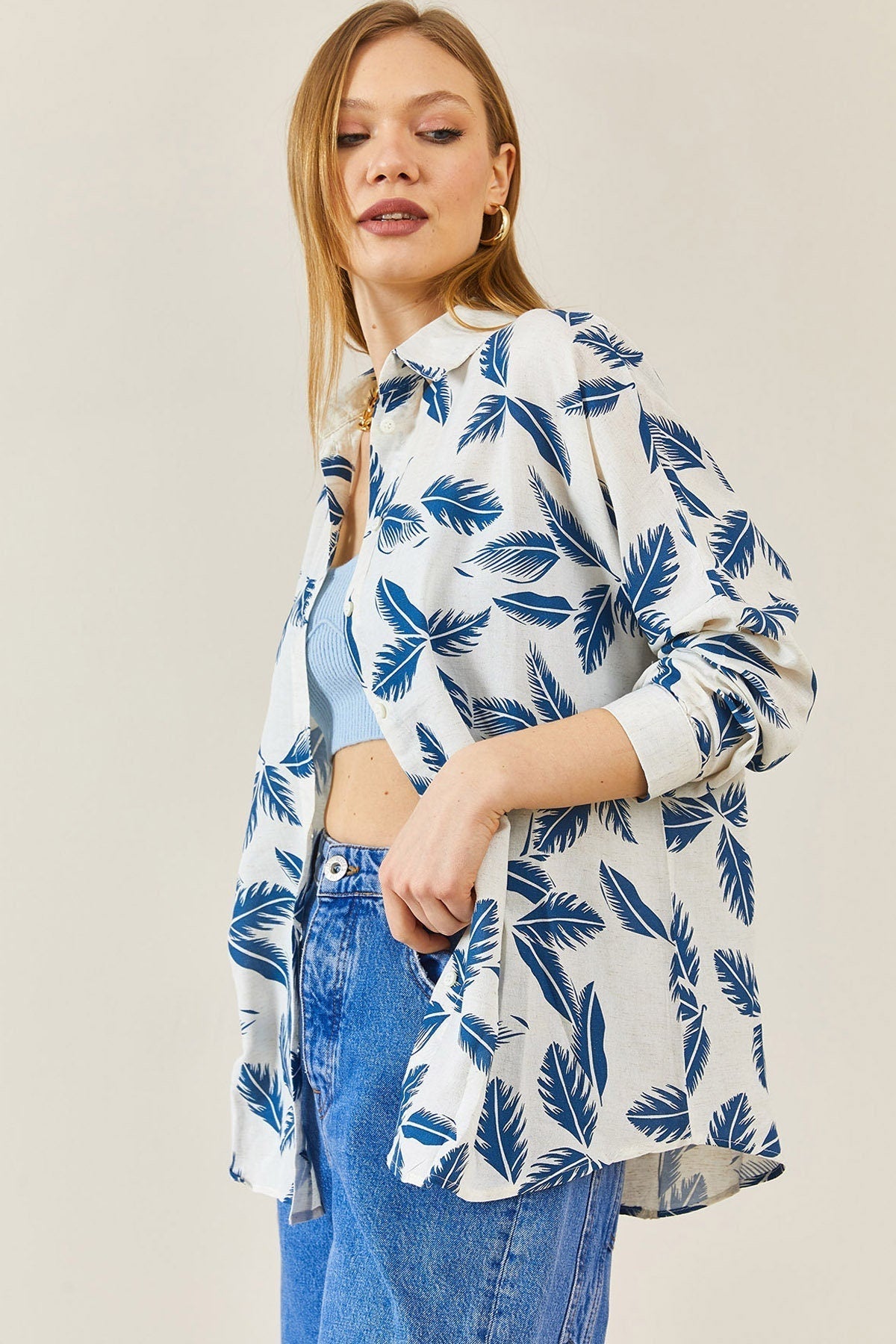 Sophia Blue Leaves Design Button Down Shirt